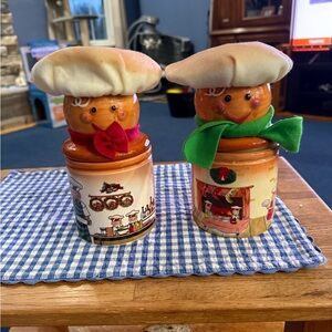 Vintage set of 2 Ceramic Candle Holding Jar with Gingerbread Man Chef Topper
